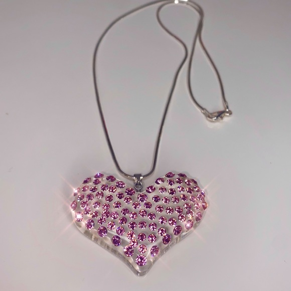 Pink Acrylic Heart Necklace Embellished With Genuine “Crystal Stone Elements” - Picture 11 of 13